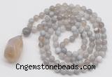 GMN4839 Hand-knotted 8mm, 10mm grey banded agate 108 beads mala necklace with pendant