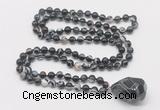 GMN4842 Hand-knotted 8mm, 10mm black banded agate 108 beads mala necklace with pendant