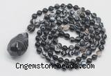 GMN4843 Hand-knotted 8mm, 10mm black banded agate 108 beads mala necklace with pendant