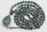 GMN4847 Hand-knotted 8mm, 10mm moss agate 108 beads mala necklace with pendant