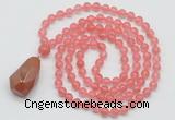 GMN4900 Hand-knotted 8mm, 10mm cherry quartz 108 beads mala necklace with pendant