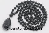 GMN4932 Hand-knotted 8mm, 10mm black tourmaline 108 beads mala necklace with pendant