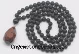 GMN4933 Hand-knotted 8mm, 10mm black lava 108 beads mala necklace with pendant