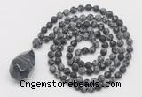 GMN5022 Hand-knotted 8mm, 10mm matte snowflake obsidian 108 beads mala necklace with pendant