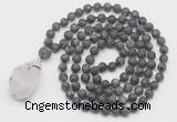 GMN5023 Hand-knotted 8mm, 10mm matte black labradorite 108 beads mala necklace with pendant