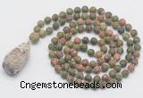 GMN5025 Hand-knotted 8mm, 10mm matte unakite 108 beads mala necklace with pendant