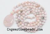 GMN5057 Hand-knotted 8mm, 10mm matte natural pink opal 108 beads mala necklace with pendant