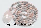 GMN5058 Hand-knotted 8mm, 10mm pink zebra jasper 108 beads mala necklace with pendant