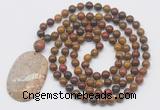 GMN5062 Hand-knotted 8mm, 10mm red moss agate 108 beads mala necklace with pendant