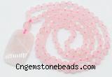 GMN5110 Hand-knotted 8mm, 10mm matte rose quartz 108 beads mala necklace with pendant