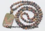 GMN5121 Hand-knotted 8mm, 10mm matte picasso jasper 108 beads mala necklace with pendant