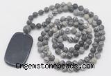 GMN5125 Hand-knotted 8mm, 10mm matte black water jasper 108 beads mala necklace with pendant