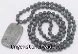 GMN5127 Hand-knotted 8mm, 10mm matte black labradorite 108 beads mala necklace with pendant