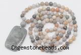 GMN5135 Hand-knotted 8mm, 10mm matte bamboo leaf agate 108 beads mala necklace with pendant