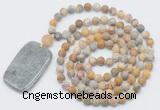 GMN5136 Hand-knotted 8mm, 10mm matte yellow crazy agate 108 beads mala necklace with pendant