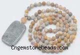 GMN5136 Hand-knotted 8mm, 10mm matte yellow crazy agate 108 beads mala necklace with pendant