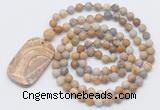 GMN5137 Hand-knotted 8mm, 10mm matte fossil coral 108 beads mala necklace with pendant