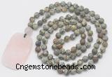 GMN5141 Hand-knotted 8mm, 10mm matte rhyolite 108 beads mala necklace with pendant