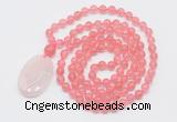 GMN5145 Hand-knotted 8mm, 10mm cherry quartz 108 beads mala necklace with pendant