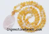 GMN5150 Hand-knotted 8mm, 10mm yellow banded agate 108 beads mala necklace with pendant