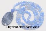 GMN5153 Hand-knotted 8mm, 10mm blue banded agate 108 beads mala necklace with pendant