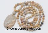 GMN5181 Hand-knotted 8mm, 10mm fossil coral 108 beads mala necklace with pendant