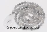 GMN5194 Hand-knotted 8mm, 10mm cloudy quartz 108 beads mala necklace with pendant