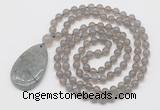 GMN5205 Hand-knotted 8mm, 10mm grey agate 108 beads mala necklace with pendant