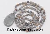 GMN5210 Hand-knotted 8mm, 10mm silver needle agate 108 beads mala necklace with pendant