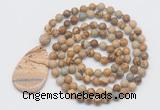 GMN5223 Hand-knotted 8mm, 10mm picture jasper 108 beads mala necklace with pendant