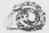 GMN5225 Hand-knotted 8mm, 10mm black & white jasper 108 beads mala necklace with pendant