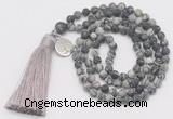 GMN5703 Hand-knotted 6mm matte black water jasper 108 beads mala necklaces with tassel & charm