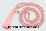 GMN5706 Hand-knotted 6mm matte cherry quartz 108 beads mala necklaces with tassel & charm