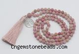 GMN5709 Hand-knotted 6mm matte pink wooden jasper 108 beads mala necklaces with tassel & charm