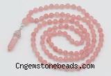 GMN5901 Hand-knotted 6mm matte cherry quartz 108 beads mala necklaces with pendant