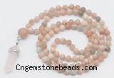 GMN5904 Hand-knotted 6mm matte sunstone 108 beads mala necklaces with pendant