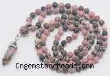 GMN5907 Hand-knotted 6mm matte rhodonite 108 beads mala necklaces with pendant