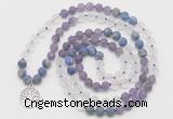 GMN6001 Knotted 8mm, 10mm matte amethyst, white crystal & lapis lazuli 108 beads mala necklace with charm