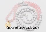 GMN6002 Knotted 8mm, 10mm rose quartz & white howlite 108 beads mala necklace with charm