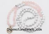 GMN6003 Knotted 8mm, 10mm rose quartz & white howlite 108 beads mala necklace with charm