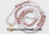 GMN6004 Knotted 8mm, 10mm white howlite, pink jasper & rose quartz 108 beads mala necklace with charm