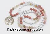 GMN6005 Knotted 8mm, 10mm white howlite, cherry quartz & red jasper 108 beads mala necklace with charm