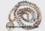 GMN6006 Knotted 8mm, 10mm matte mixed amazonite & jasper 108 beads mala necklace with charm