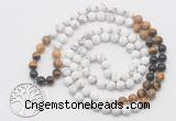 GMN6008 Knotted 8mm, 10mm matte white howlite & mixed gemstone 108 beads mala necklace with charm