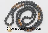 GMN6015 Knotted 8mm, 10mm black lava & yellow tiger eye 108 beads mala necklace with charm