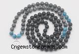 GMN6018 Knotted 8mm, 10mm matte black agate, black labradorite & apatite 108 beads mala necklace with charm
