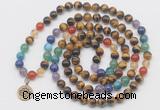 GMN6023 Knotted 7 Chakra 8mm, 10mm yellow tiger eye 108 beads mala necklace with charm