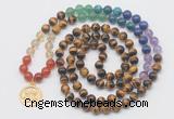 GMN6024 Knotted 7 Chakra 8mm, 10mm yellow tiger eye 108 beads mala necklace with charm