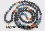 GMN6027 Knotted 7 Chakra 8mm, 10mm black obsidian 108 beads mala necklace with charm