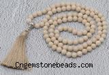 GMN604 Hand-knotted 8mm, 10mm white fossil jasper 108 beads mala necklaces with tassel